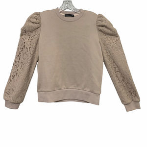 Generation Love Lace Covered Sleeves Taupe Sweatshirt Sweater Ribbed Hem Small